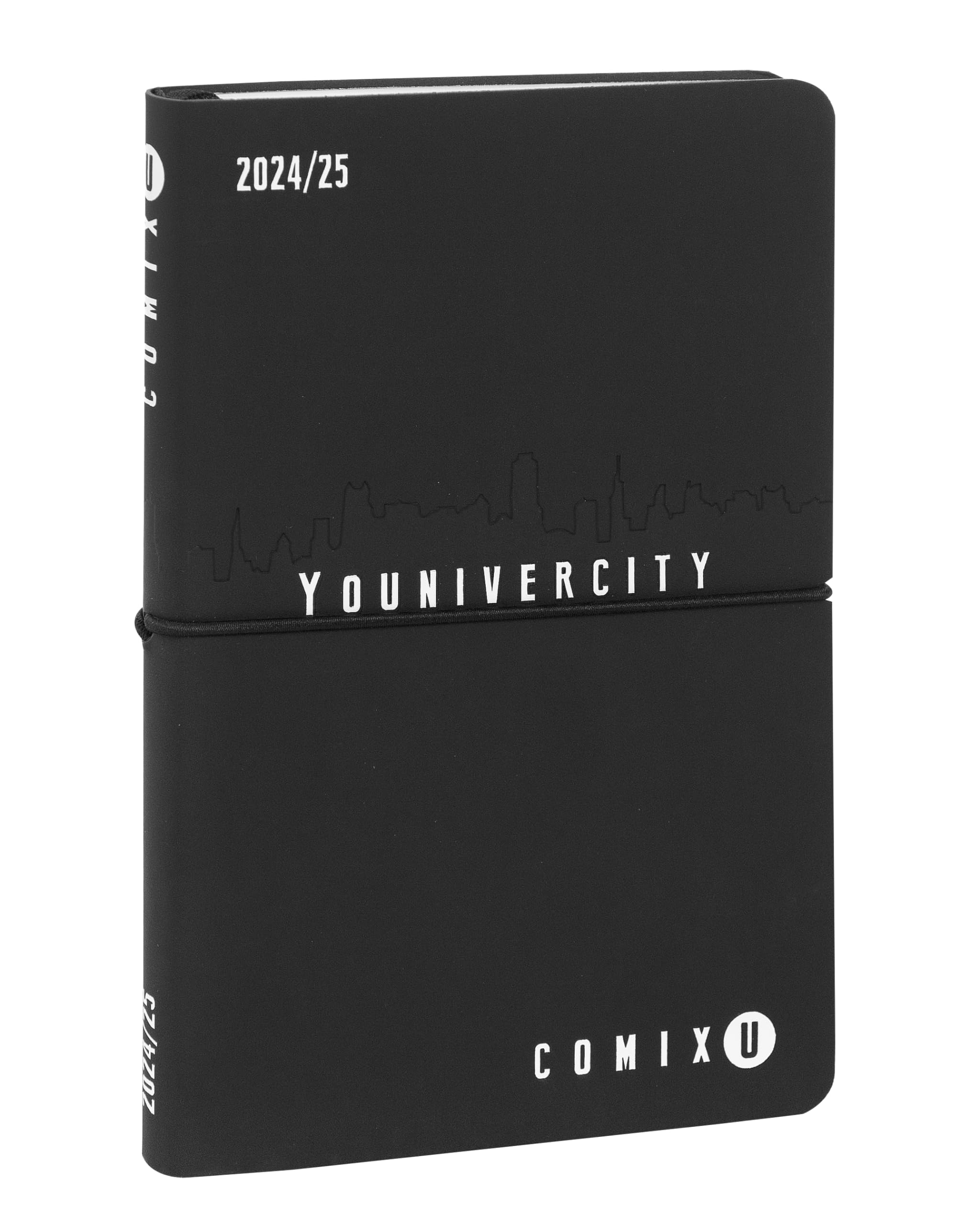 COMIX U Younivercity 13 Month Medium Weekly Diary 2024-2025 Hard Cover Elastic Closure and 224 Pages Ideal for University 11.8 x 18 cm White and Black