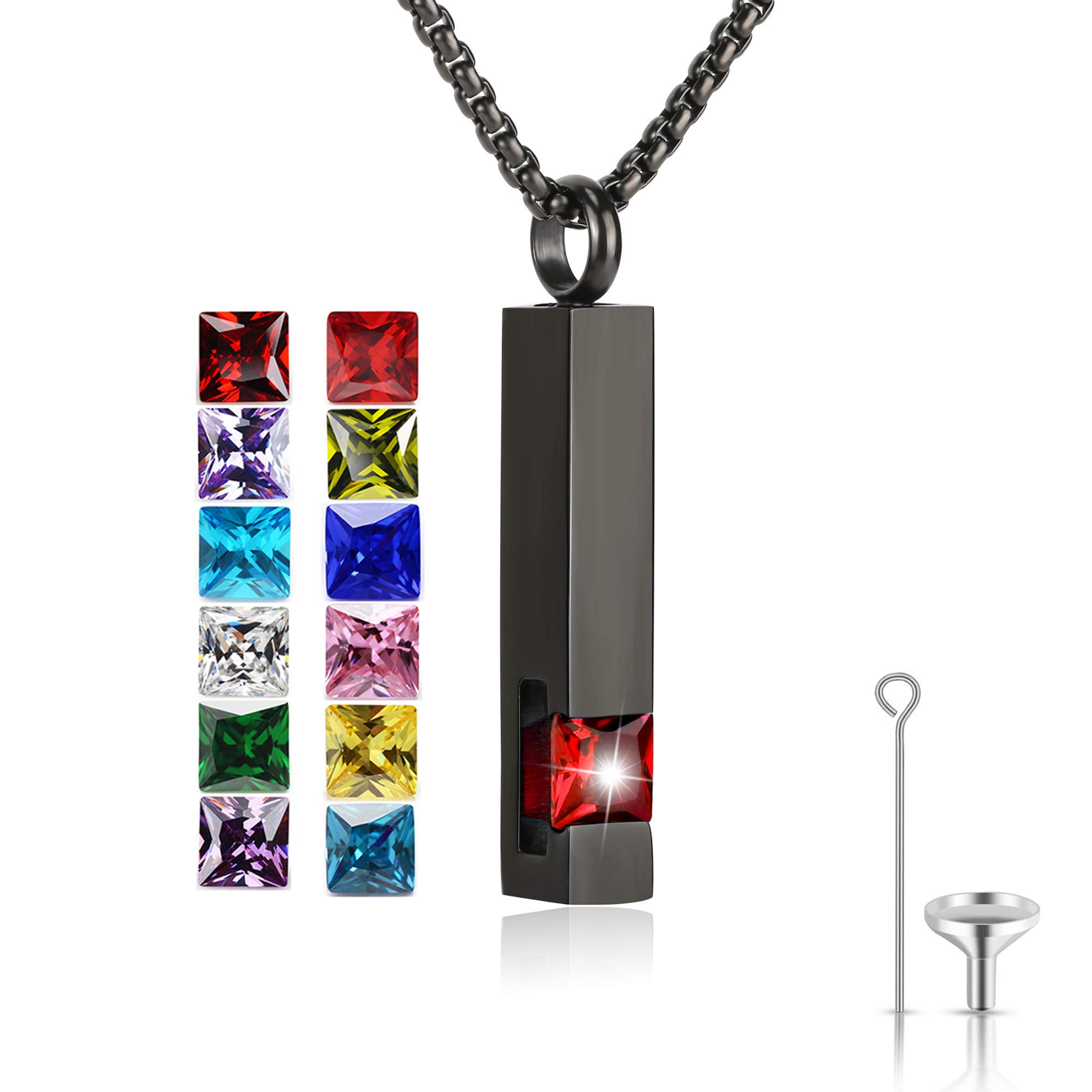 Birthstone Cuboid Locket Urn Necklaces for Ashes Cremation Jewellery Urns for Human Ashes Memorial Urn Keepsake Pendant