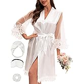 EPLAZA Bride Robe for Wedding Day Bridal Robes Ruffle Trim Mesh Floral Sleeve Silk Satin Robes Women Bachelorette Party