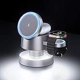 Kcuskl 4 in 1 Magnetic Wireless Charging Station,15W Fast Charging with Night Light for MagSafe Charger Stand,3 in 1 Wireless Charger for iPhone 17/16/15/14/13Pro Max,Apple Watch&AirPods,Titanium Gray