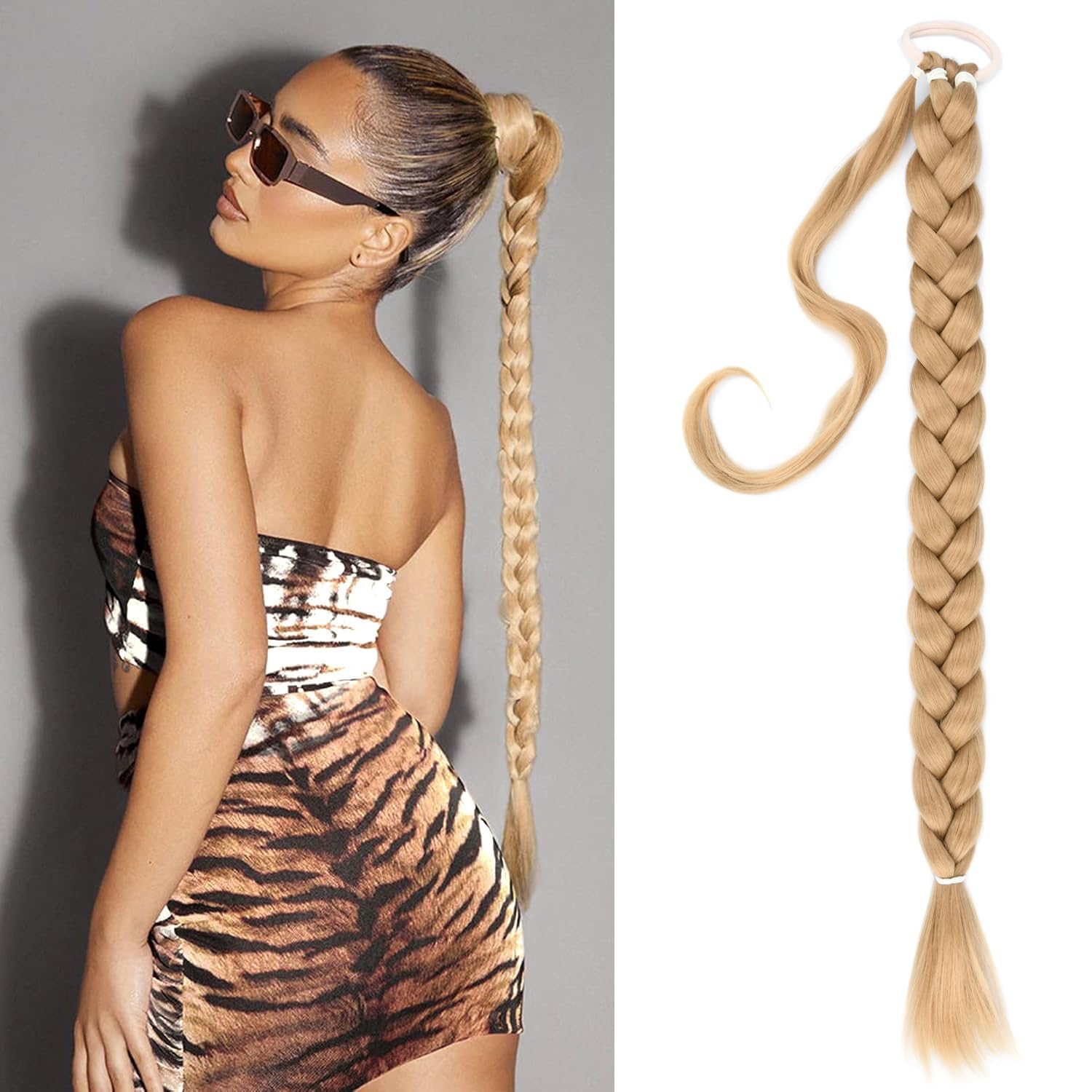 Gledola Long Braided Ponytail Extension 30 Inch Pre stretched Braiding Hair Extensions DIY Braid Ponytail Synthetic Hair Piece (Champagne, 30 inches)