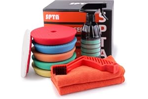 SPTA Polishing Pads, 5Pc 5 Inch 125mm Orbital Buffer Polisher Pads and 1Pc Microfiber Buffing Pads, Foam Polish Pad for Compounding, Polishing and Waxing, for 5''/125mm Backing Plate Car Polisher