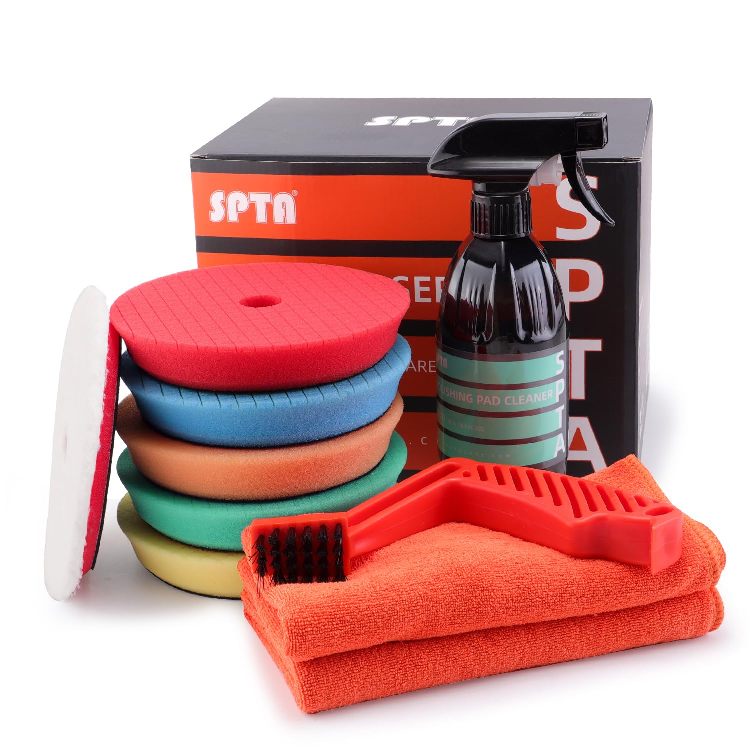 SPTA Polishing Pads, 5Pc 5 Inch 125mm Orbital Buffer Polisher Pads and 1Pc Microfiber Buffing Pads, Foam Polish Pad for Compounding, Polishing and Waxing, for 5''/125mm Backing Plate Car Polisher Image
