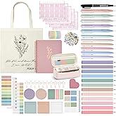 Jutom 110 Pcs Bible Study Supplies Bible Journaling Kit with Canvas Tote Bag Pen Case Notebook Highlighters Pen Sticky Note Tabs Page Markers Stickers Tape for Women Christian Christmas Gift(Pink)