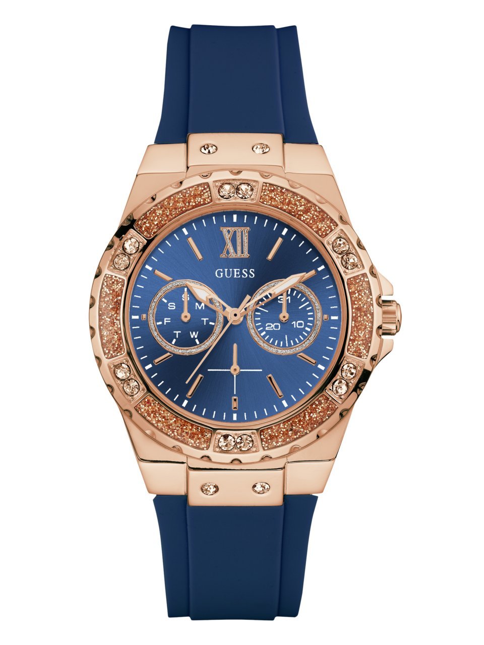 GUESS 39MM Crystal Silicone Watch, Blue/Rose Gold, NS, Women's Stainless Steel Crystal Accented Silicone Watch