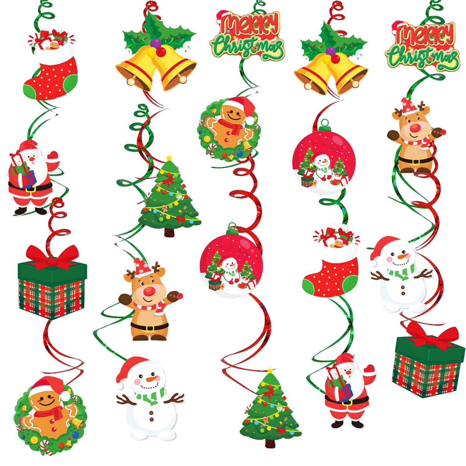 50PCS Christmas Hanging Swirl Decorations - Xmas Ceiling Swirls With Tree, Snowman, Elk, Santa Claus, Gift Socks, Bells - Dangling Ornaments for Holiday Decor