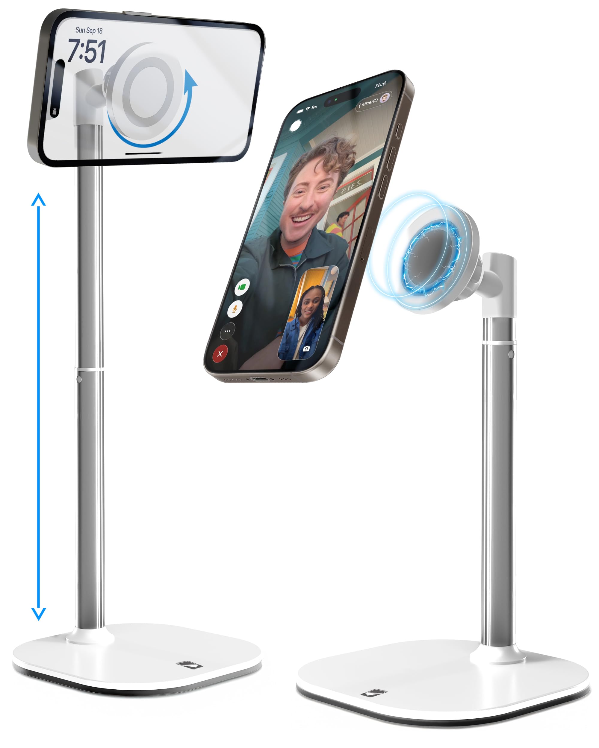 COOPER MagStand, Adjustable Magnetic iPhone Stand for Desk & Phone Holder for Video Recording, Compatible with MagSafe, Stand for iPhone 17 Pro Max, 16/15/14/13/12, Small Mag Safe Tripod (White)