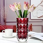 Heavy Duty Modern Crystal Glass Flower Vase - Handmade Red Round Glass Vase Decor for Wedding Party, Office, Living Room, Bedroom, Dining Table