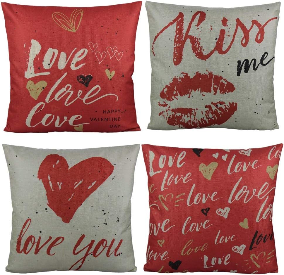 All Smiles Love Heart Red Retro Cushion Covers Lip Kiss Pillow Cover Pillowcase 18 x 18 Set of 4 Romantic Quote Valentine's Day for Home Décor Lover Cotton Linen