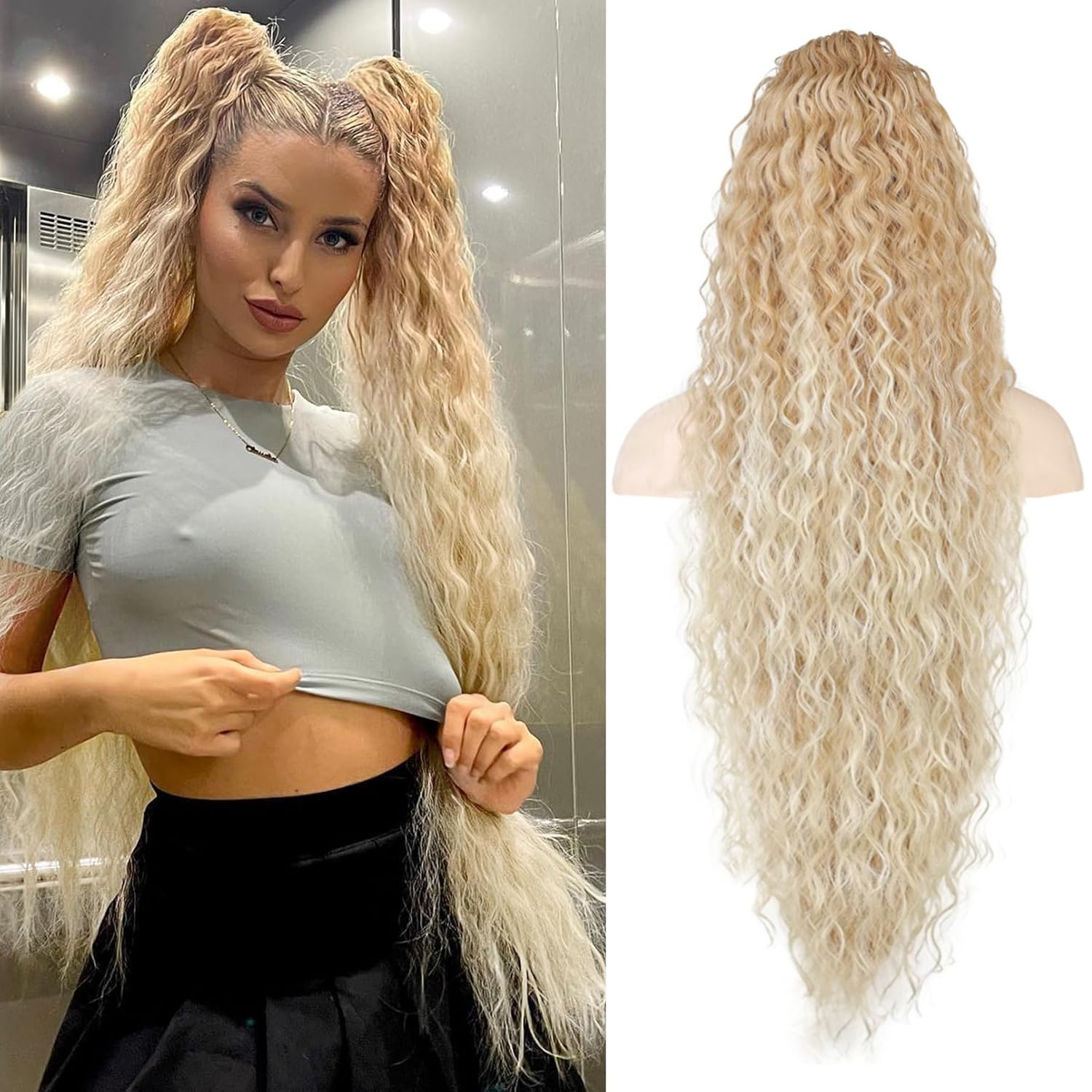 PORSMEER 30 in Long Curly Blonde to Light Blonde Drawstring Ponytail Extension Clip in Hair Extension Fluffy Natural Looking Synthetic Hairpiece for Women Omber Light Blonde โ image 1