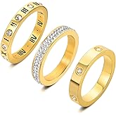 YIKOXI 3pcs Love Friendship Lucky Ring Cubic Zirconia Gold Ring Sets for Women Stainless Steel Wedding Statement Thumb Ring Bands