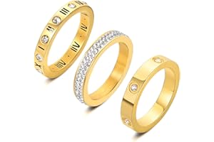 YIKOXI 3pcs Love Friendship Lucky Ring Cubic Zirconia Gold Ring Sets for Women Stainless Steel Wedding Statement Thumb Ring Bands