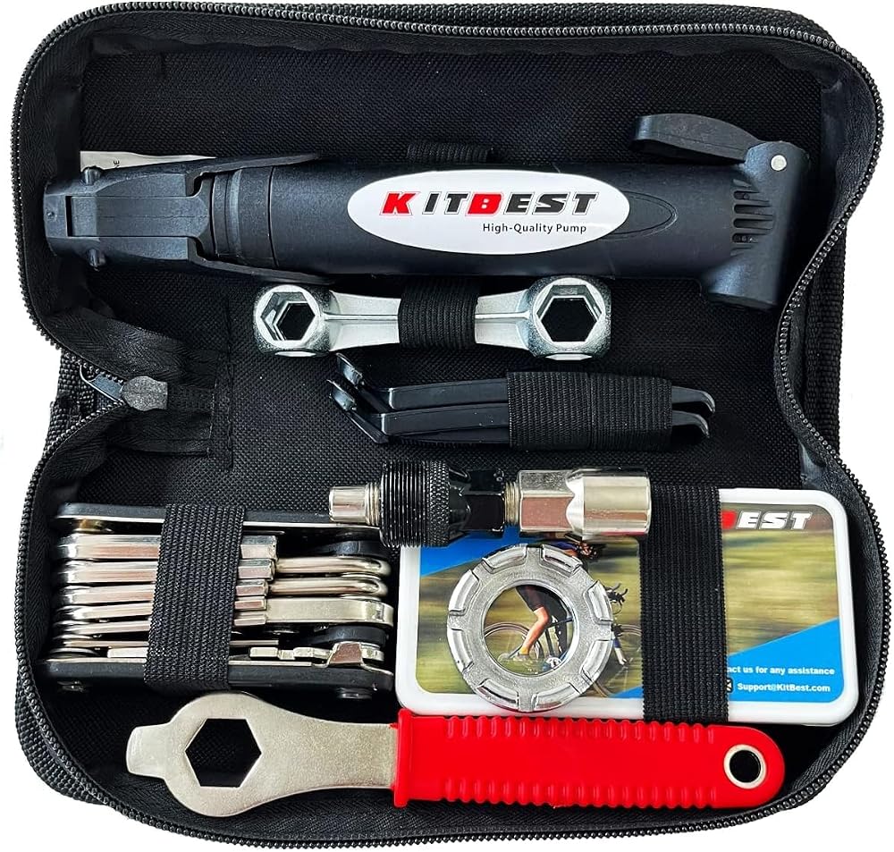 Kitbest Bike Repair Kit with Pump 16-in-1 Multitool and Bag