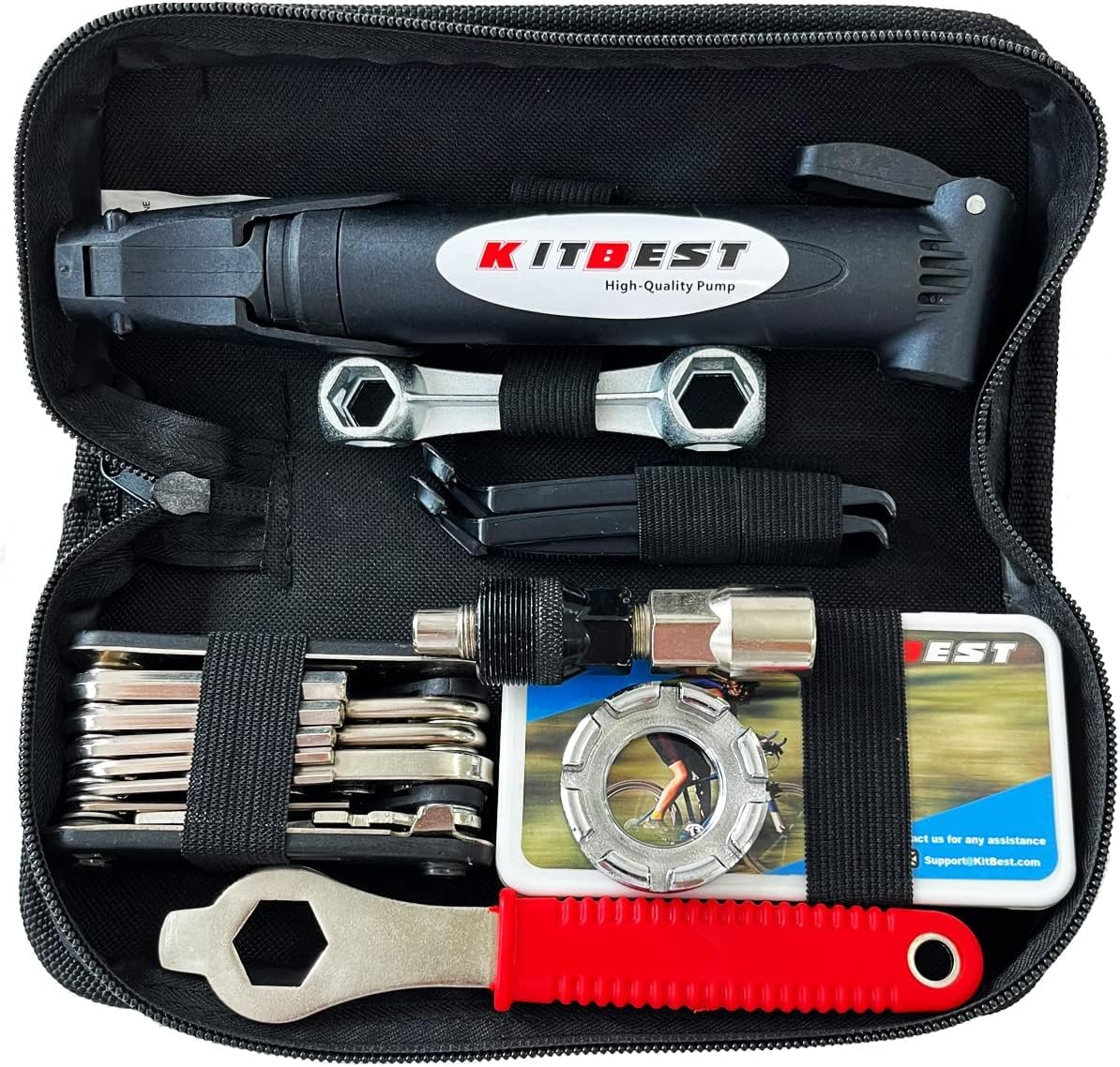 Kitbest Bike Repair Kit, Bicycle Tool Kit with Bike Pump and Bag, Puncture Tire Patch Repair Kit with 16-in-1 Cycle Multi Tool, Bicycle Mountain Bike Accessories for Men Women