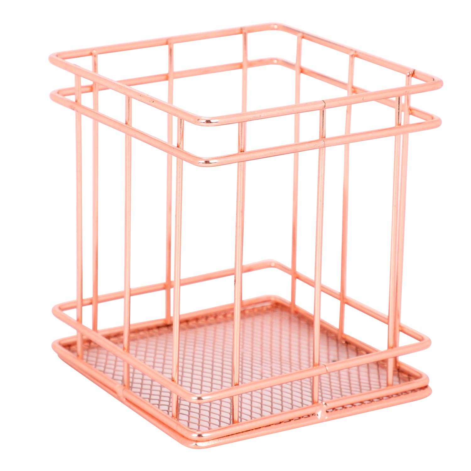 ITODA Desk Pen Cup Holder Rose Gold Pencil Holder Square Wire Metal Desk Organizer Pen Container Pens Pot Stationery Storage Case Pens Holder Basket for Office Home School Classroom