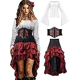 Verceco Pirate Costume Women Outfit with Renaissance Pirate Shirt Skirt Corset Waist Belt Womens Halloween Pirate Costumes (White+Red, M)