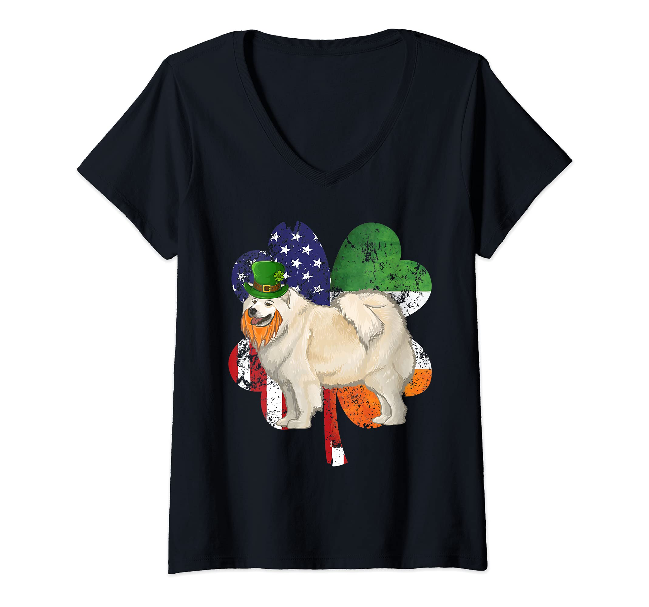 Womens St Patricks Day Irish American Flag Samoyed Dog V-Neck T-Shirt