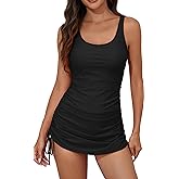 Eomenie Women's One Piece Swimdress Swimsuit with Drawstring Tummy Control Bathing Suits Push Up Swim Dresses with Bottom