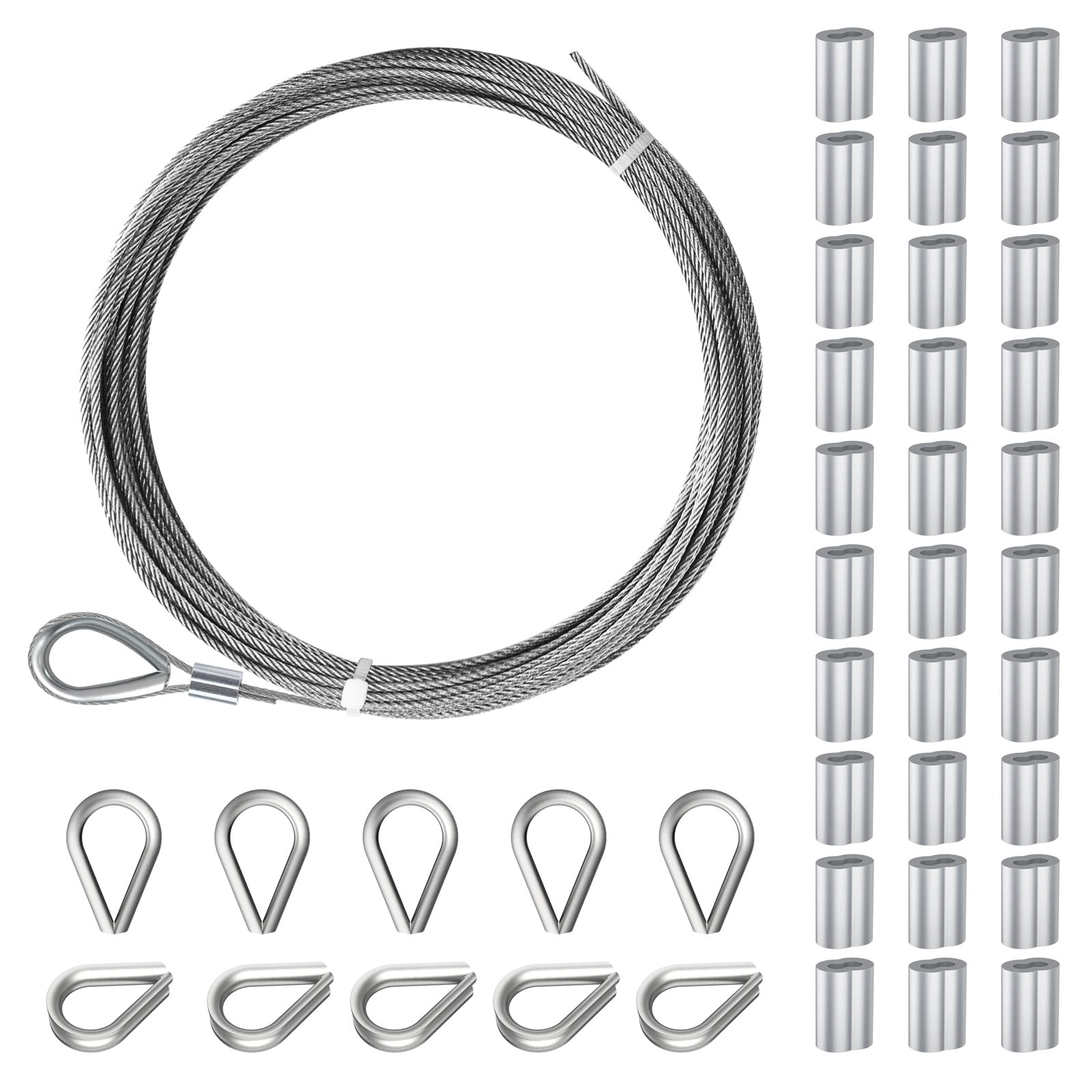 Photo 1 of Sanuke 1/16” 304 Stainless Steel Cable, 33ft Wire Rope Metal Cable with Loop Sleeve and Thimble, 7x7 Strand Core Steel Wire for Deck Railing System, Garden Fence, Outdoor Hanging Kit