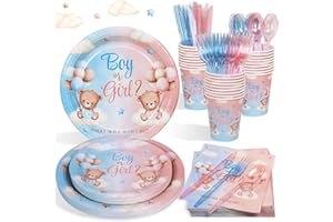 Lopeastar 175Pcs Bear Gender Reveal Decorations Plates Set, Boy Or Girl Gender Reveal Decorations Pink Blue Teddy Bear Plates Napkins Cups and Cutlery for 25 Guests