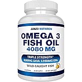 Arazo Nutrition Wild Caught Omega 3 Fish Oil – 120 Soft Gels – 4,080mg High EPA 1200mg DHA 900mg Lemon Flavor Burpless Softge