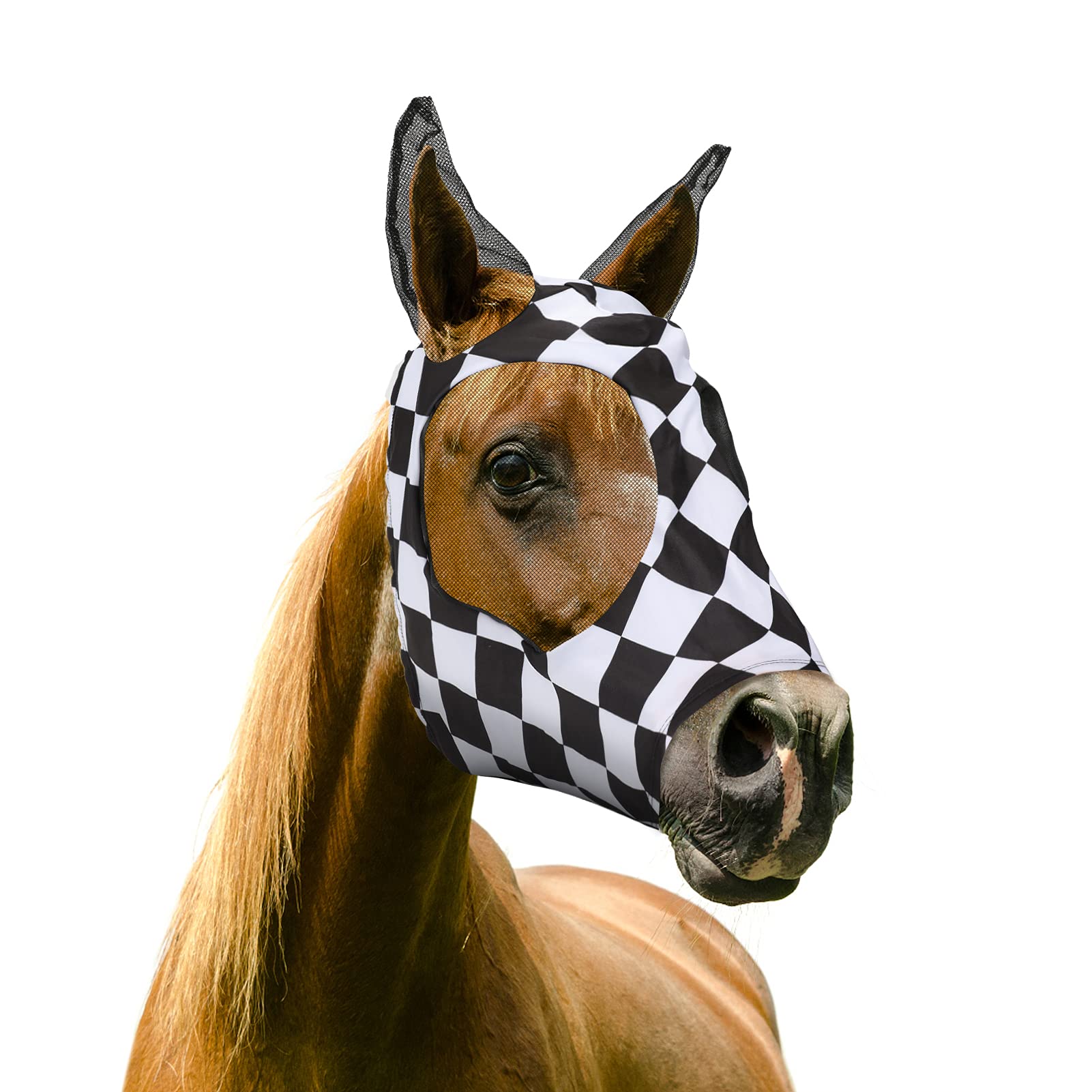 Augot Horse Fly Masks, Mesh Fly Mask With Ears, Black and White Plaid Style Mesh Ear Protection Goggles, Durable Mesh Stellar UV Protection for Horse/Cob/Pony