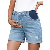 BLENCOT Maternity Jean Shorts for Women Under Belly Pregnancy Trendy Ripped Casual Summer Fold Hem Stretchy Shorts Denim