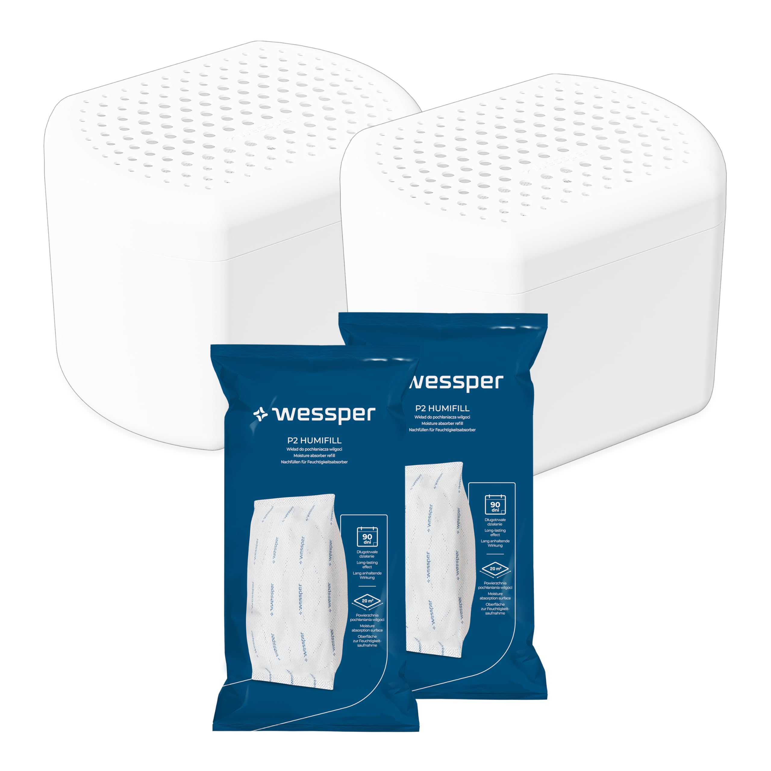 2 x Wessper Moisture Killer, Dehumidifier Moisture Stopper with Refill Bag Granules, Room Dehumidifier, Refillable, Reduces Mould and Odours (White) WES101