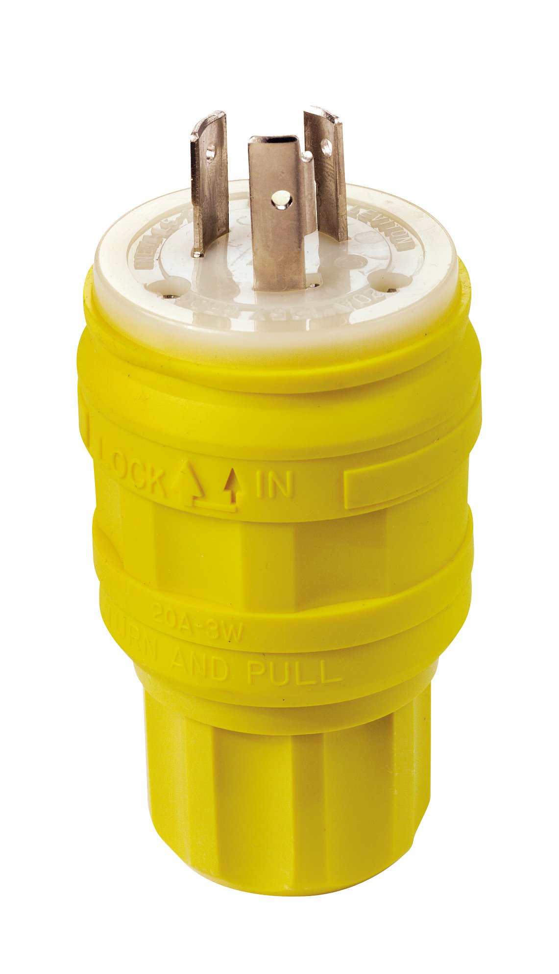Photo 1 of Leviton 20 Amp, 125 Volt, Locking Plug, Industrial Grade, Grounding, Wetguard, 26W47, Yellow