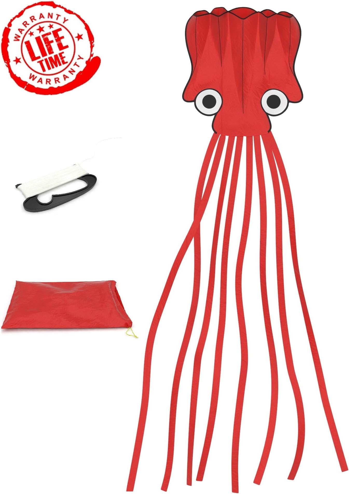 #1 Octopus Kite with 300 Feet of String and Easy Storage Bag | Premium Quality | Red | GIANT Parafoil Kite Toy Over 16 FEET LONG | Flying Toys for Boys | #1 Beach Toy | Keep & Refund Promise