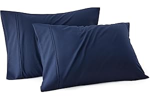 Bedsure Pillow Cases Standard Size - Polyester & Rayon Derived from Bamboo Navy Blue Pillowcase Set of 2, Breathable, Soft and Wrinkle-Free Pillow Covers with Envelope Closure, Gifts, 20x26 Inches