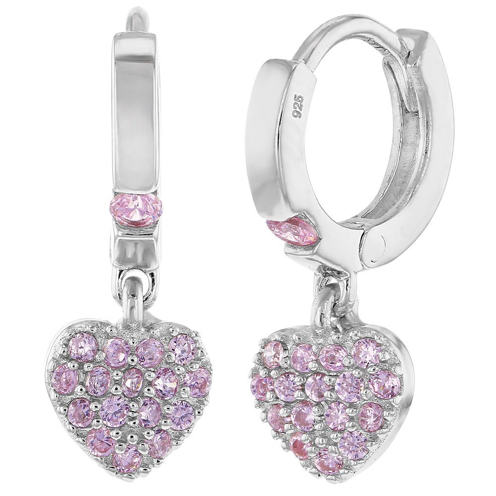 In Season Jewelry 925 Sterling Silver Girls Small Hoop Pink Cubic Zirconia Romantic Heart Dangle Earrings, Stylish Huggie Hoop Earings for Young girls & Pre Teens Daily Formal and Casual Outfits
