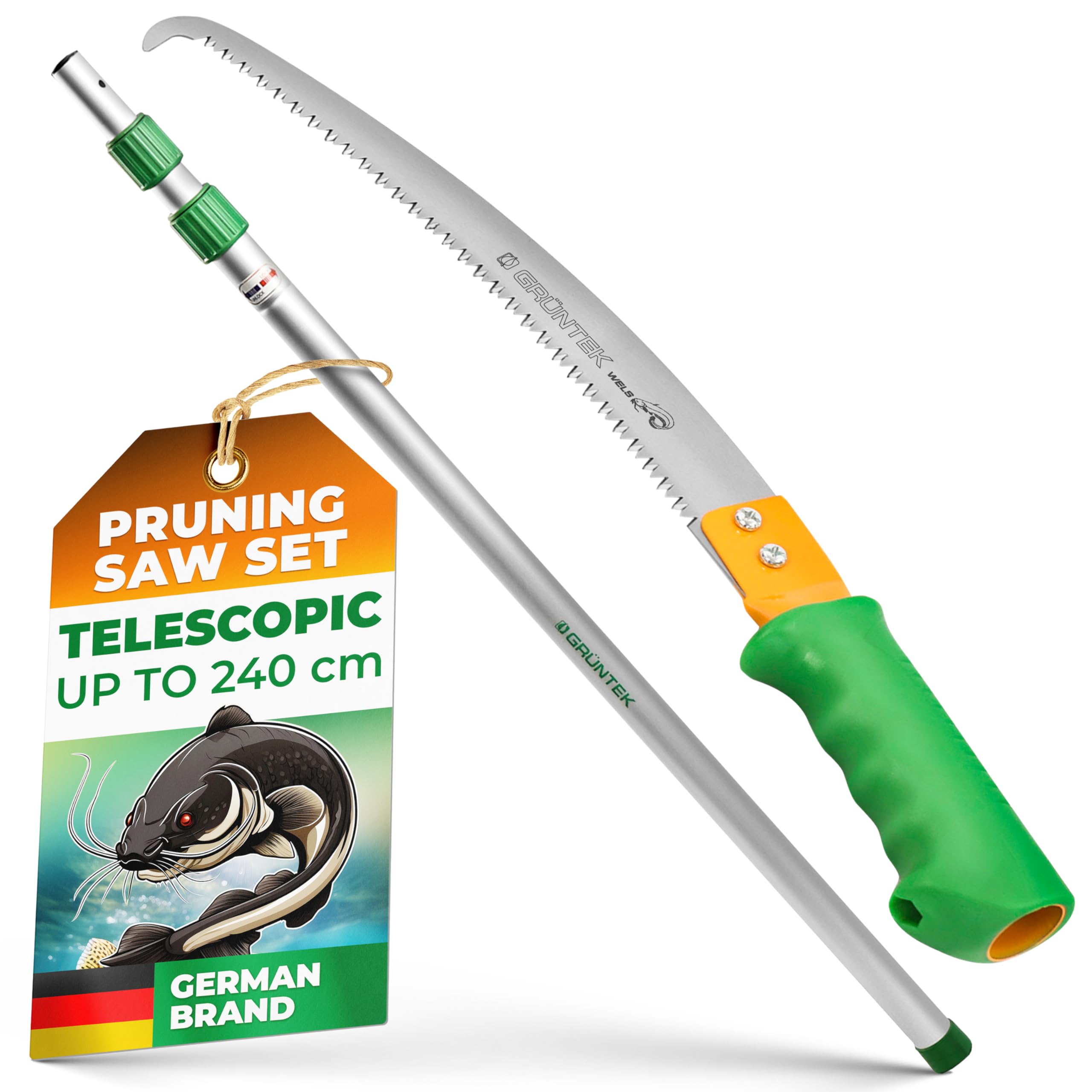 GRÜNTEK Telescopic Pole Saw 100–240 cm – Carbon Steel Blade with Non-Slip Hook – Manual & Extendable Tree Pruner – Compatible with GRÜNTEK Crawler