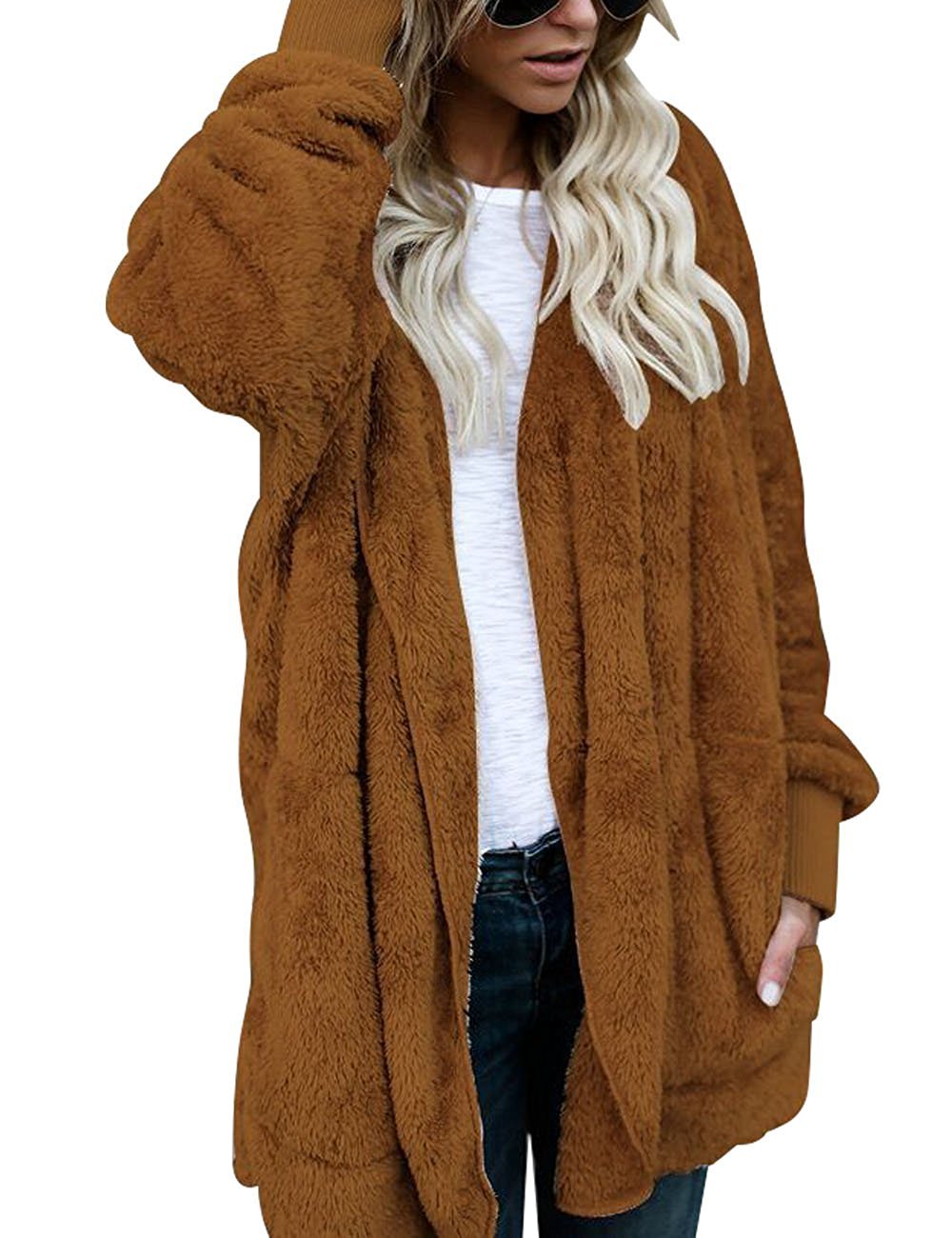 Womens Fuzzy Open Front Sherpa Hooded Cardigan Jacket Coat Outwear with Pocket Brown S