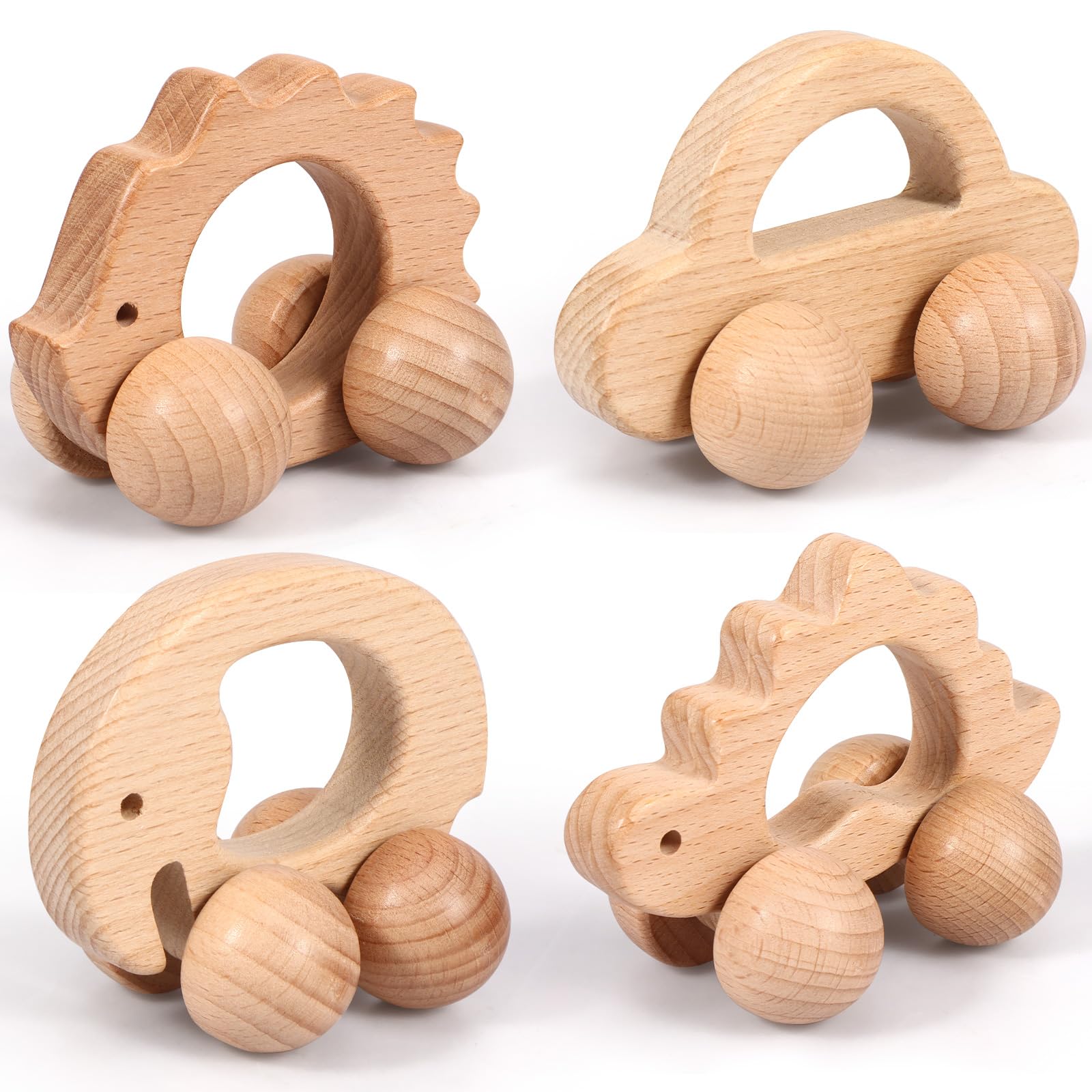Wooden Cars Baby Toys Push and Pull Along Car for Toddlers 6 to 18 Months, Kids Montessori Toys Wooden Baby Chewing Toy Natural Beech Wood Push Cars for Boys Girls (4pcs A)