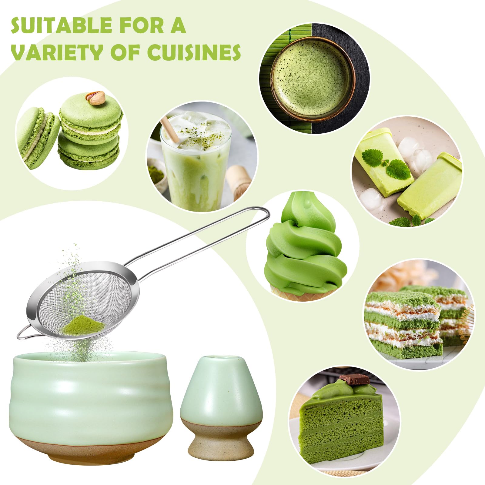 Matcha Set, Matcha Tee Set, 7er-Pack, erhältlich mit Matcha Schale, Schneebesen, Besenhalter, Teelöffel, Teelöffelhalter, MatchaSieb, Geschirrtuch, Geschenkbox für Teezeremonie, handgefertigtes Matcha 5