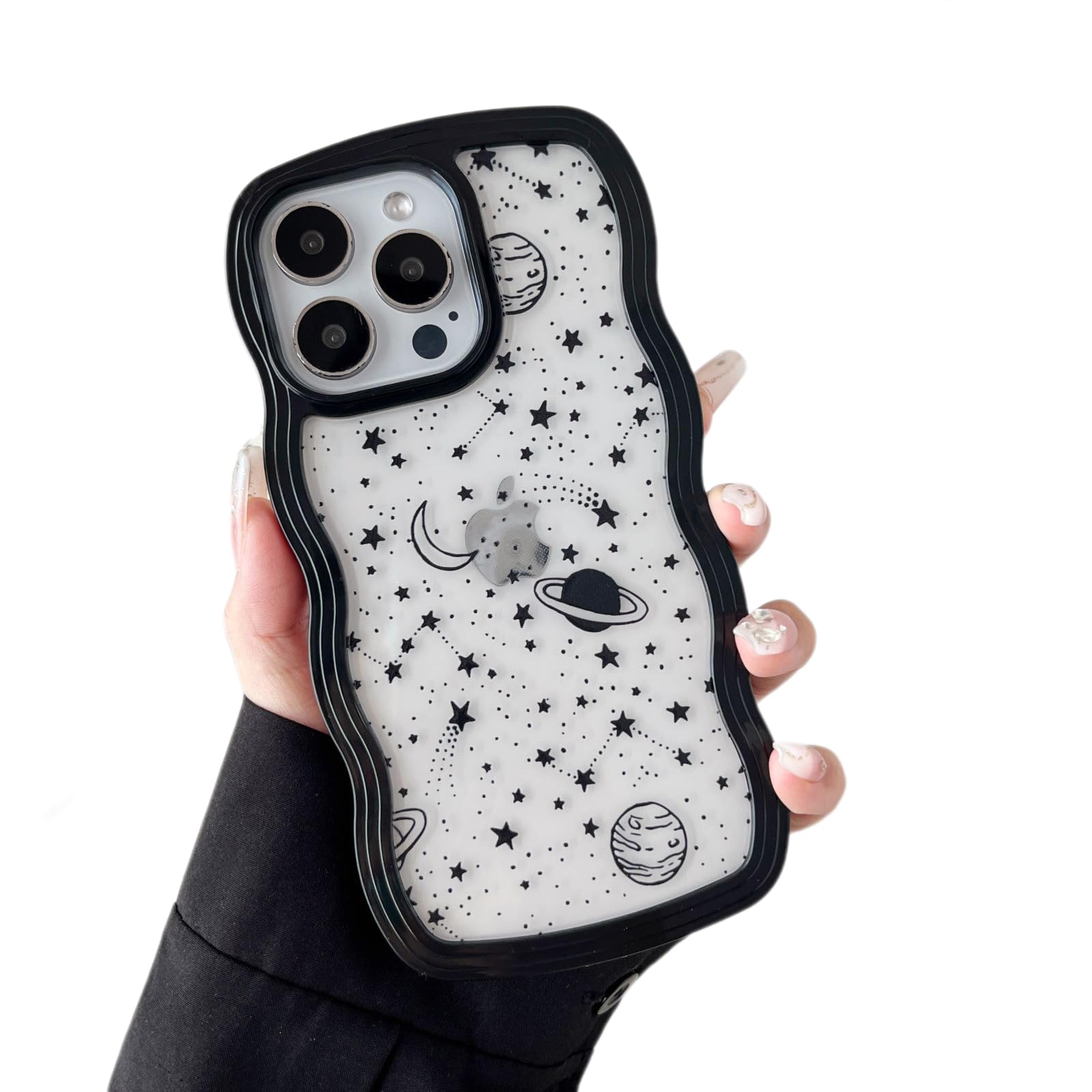 ZTOFERA for iPhone 12 Pro Max Case 6.7 inch,Cute Curly Wave Frame Shape Case with Star Space Pattern, Clear Slim Shockproof Hard PC Bumper Phone Case for iPhone 12 Pro Max, Black