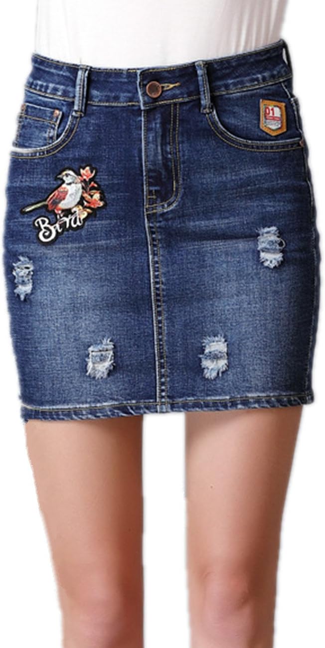 Green Mango Women's Embroidered Plus Size Stretch Ripped Back-Split Denim Pencil Mini Skirt(S)