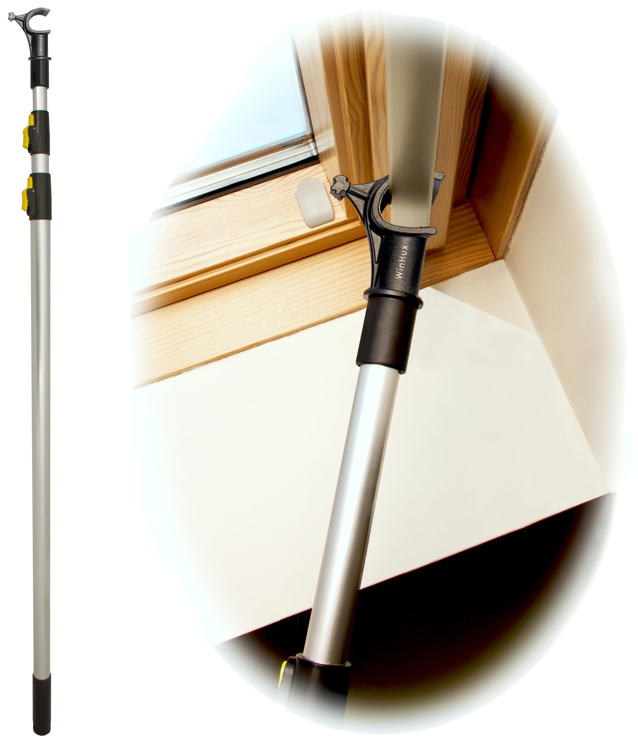 WinHux 1.2–3.0 Meter Telescopic Button Lock Pole for Roof, Windows and Blinds - Compatible with Velux Top Bar Windows and Blind Handle Bars, Aluminium Skylight Opener Rod with Non Slip Hook