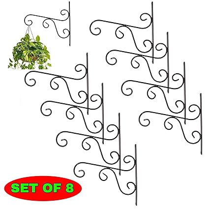 CreativeBuzz Plant Hanger Brackets Wall Mounted - Metal Plants Hangers Hanging Decorative Hooks Holder for Indoor Outdoor Flower Basket Pot Planter Bird Feeder Wind Chimes Lantern - Black Set of 8