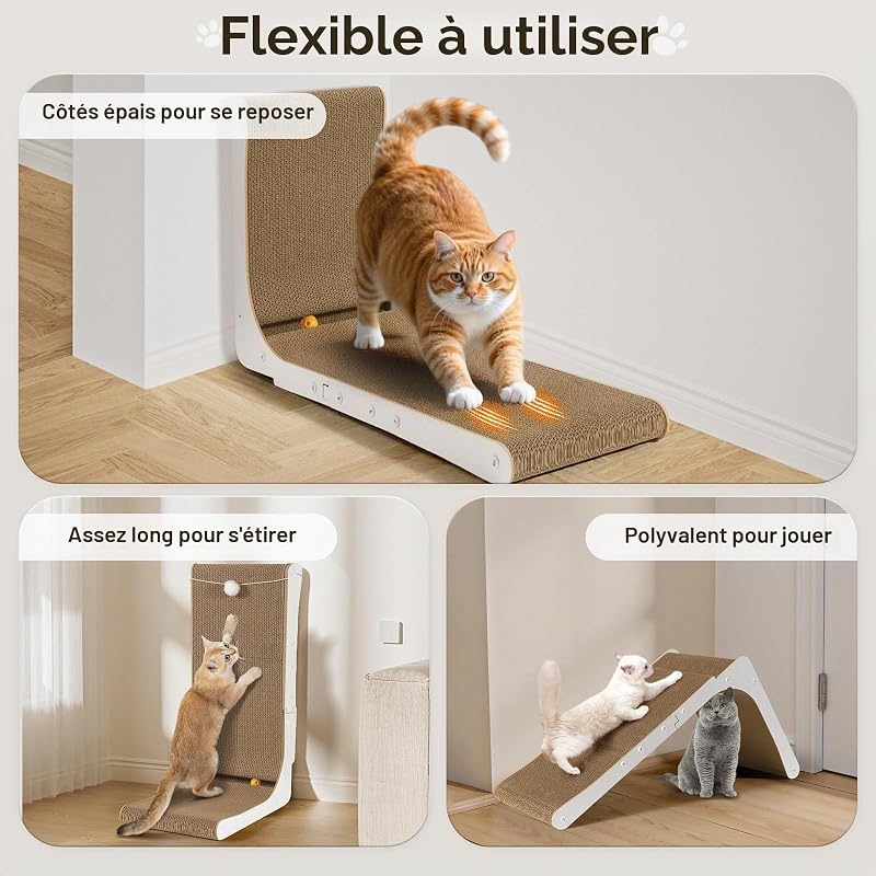 Griffoir Chat Carton en Forme de L 68cm, Épais avec Boules en Peluche et à Grelot, Grande Taille à Fixer au Mur, Jouet pour Protéger Meubles