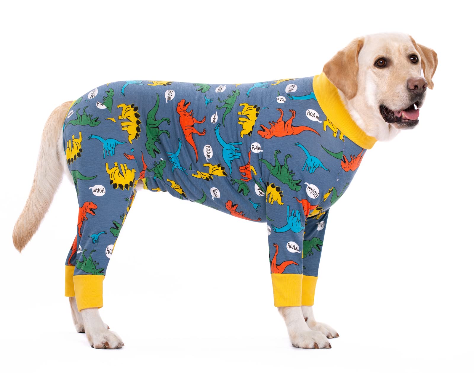 Dog Pajamas Jumpsuit for Medium Large Dog Lightweight Cotton Dog Shirt Anti-Hair Dog Onesies After Surgery Dog Recovery Clothes_30(Navy Blue Dinosaur) — image 1