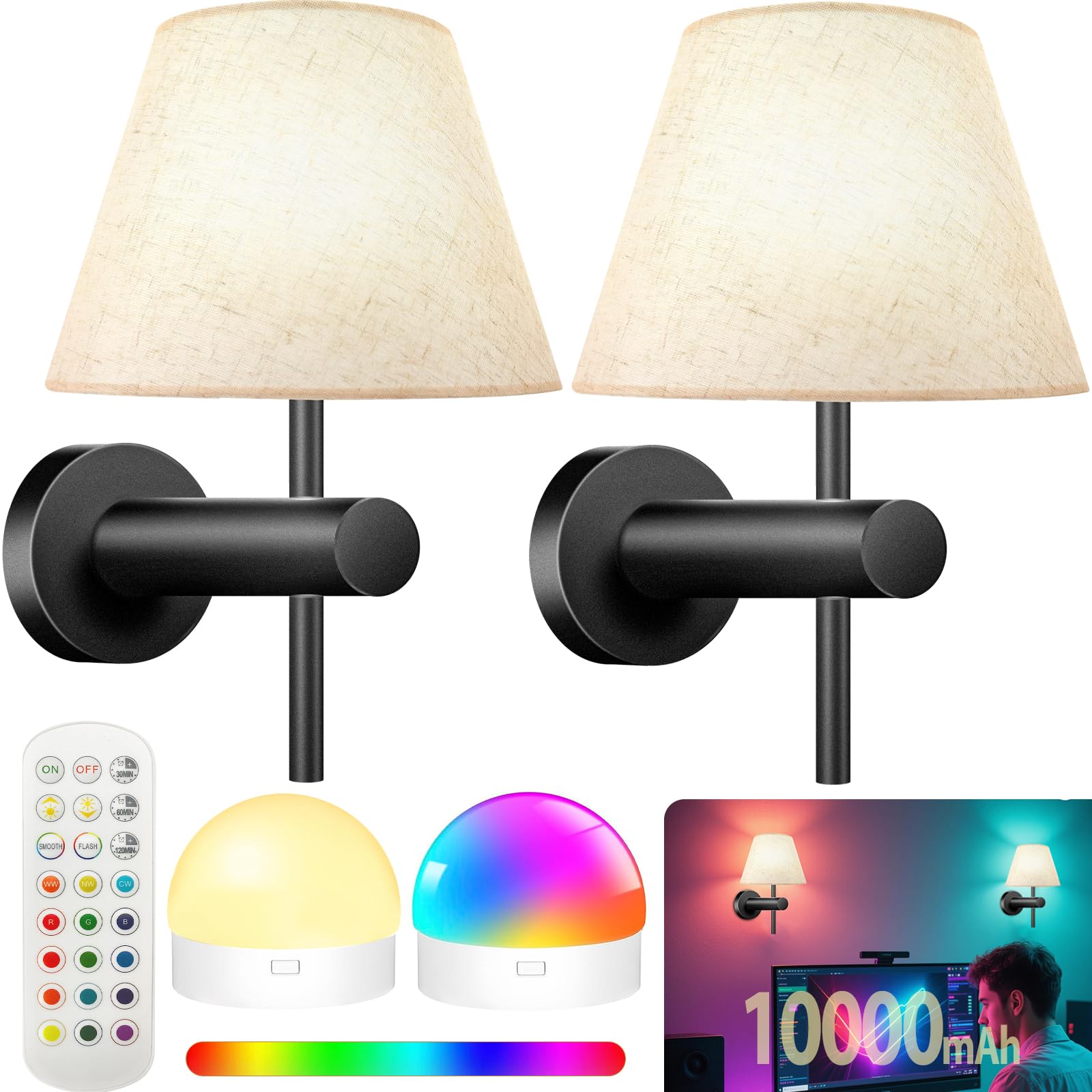 Photo 1 of MOONTIP 10000mAh Battery Operated Wall Sconces Set of Two, RGB Wireless Rechargeable Wall Lights with Magnetic Bulbs Wall Decor Wall Lamps with Remote for Bedroom/Fireplace/RV/Living Room/Corridor