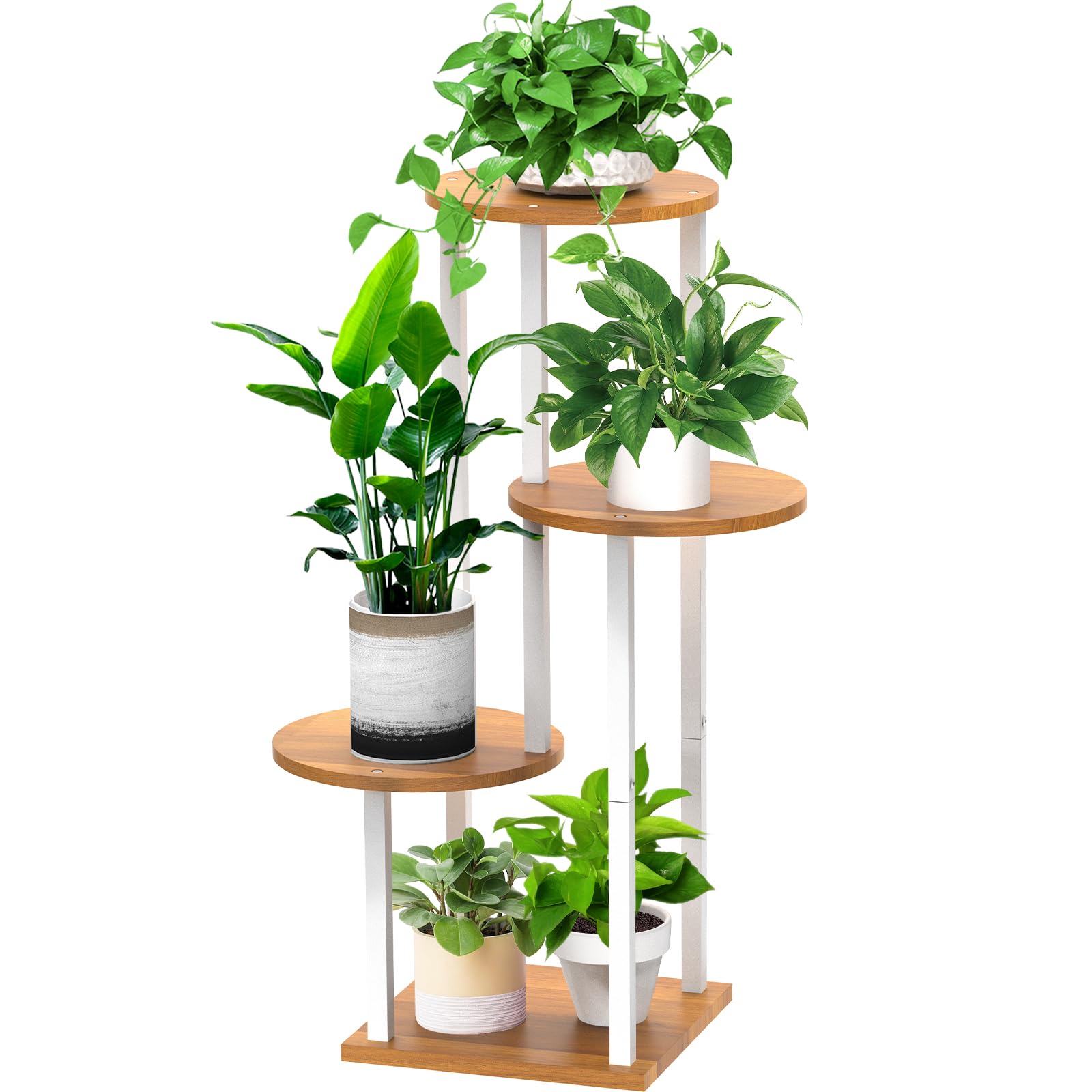 Photo 1 of YOCOMEY 4 Tier Wood Tall Plant Stand Metal Rack Indoor, Multiple Flower Pot Holder Shelves Corner Rack, Round Planter Shelf Display Rack Storage Organizer for Patio Living Room Balcony(White)
