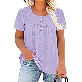 VISLILY Womens-Plus-Size-Summer-Tops Buttons Up Henley Shirts Flowy Pleated Tunics Trendy Eyelet Short Sleeve Blouses