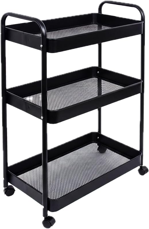 Carrinho de malha de 3 prateleiras, Serviço para Cozinha, Casa de Banho e Escritório, 78×43×30 cm Multiusos Compacto Preto metálico