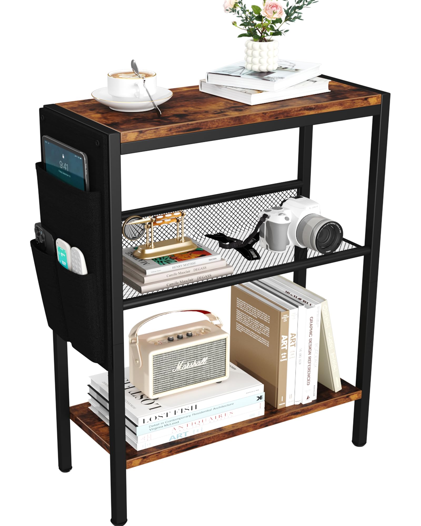 Photo 1 of Yusong Small Narrow Side Table for Small Spaces, Slim End Table with Storage Bag, Sofa Snack Table with Adjustable Metal Mesh, 3 Tier Accent Skinny Beside Table for Living Room & Bedroom, Rustic Brown