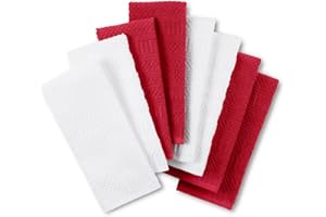 KITCHENAID Cotton Classics Textured Solid Antimicrobial Kitchen Towels 8-Pack, Absorbent 100% Cotton, Passion Red/White, 17”x