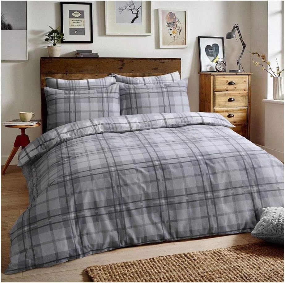 Flannelette Complete Set with Duvet Cover Pillowcase Fitted Sheet New Soft Warm Bedding (Tartan Check Grey, Double Complete Set)