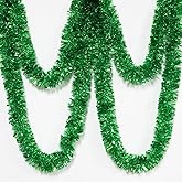 25 ft Long Roll Green Tinsel Twist Garland, Shiny Metallic Foil Decorations for Parade Floats, Halloween, Christmas Eve, New Year Parties (4" x 25' roll, Green)